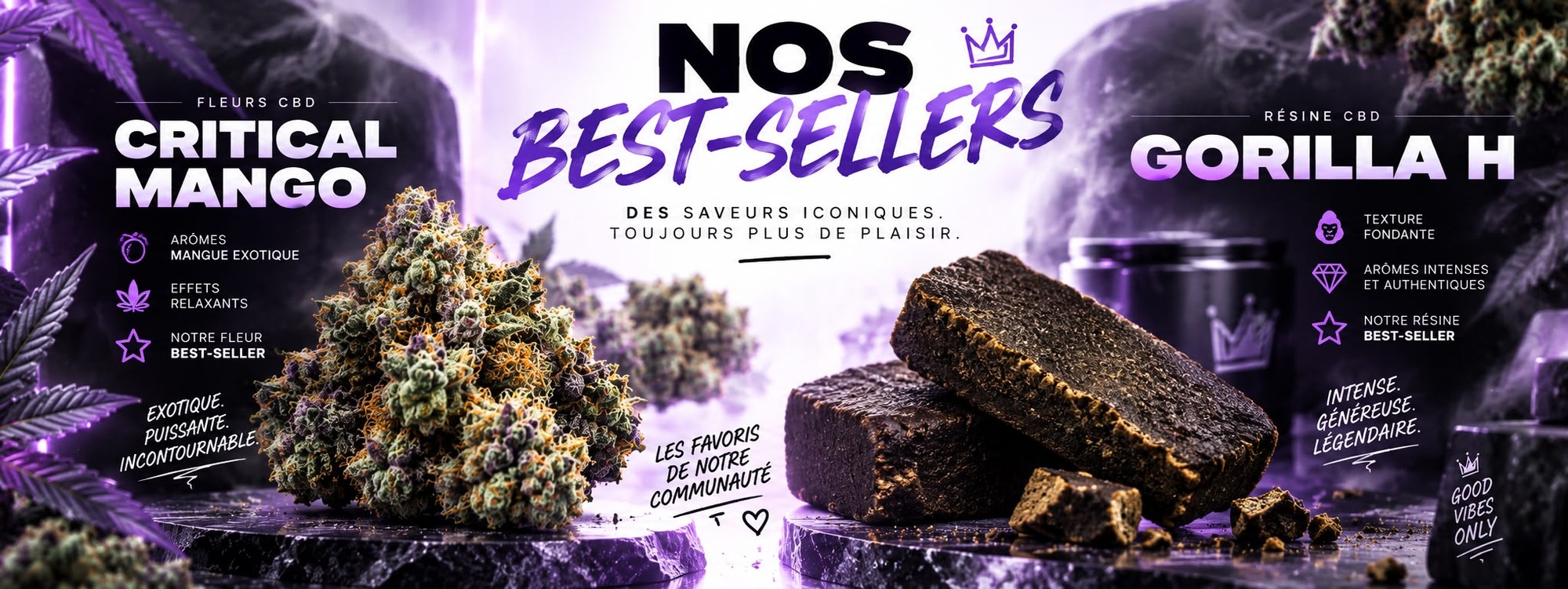 Nos best-sellers : fleur CBD Critical Mango et résine CBD Gorilla Hash